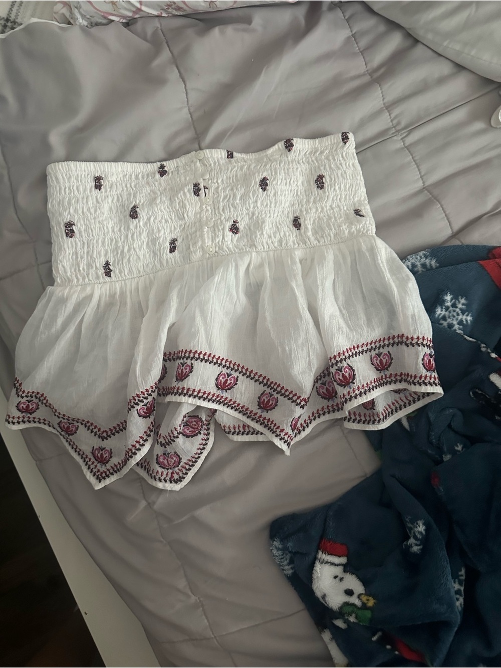 White Embroidered Smocked Tube Top with Pink Floral Trim